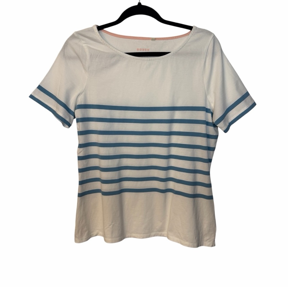 Boden 100% Cotton White Blue Striped Short Sleeve T-Shirt Women’s US 10